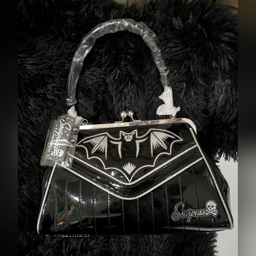 Sourpuss Black and Silver Shoulder Nokturnal Bat Kisslock Purse.